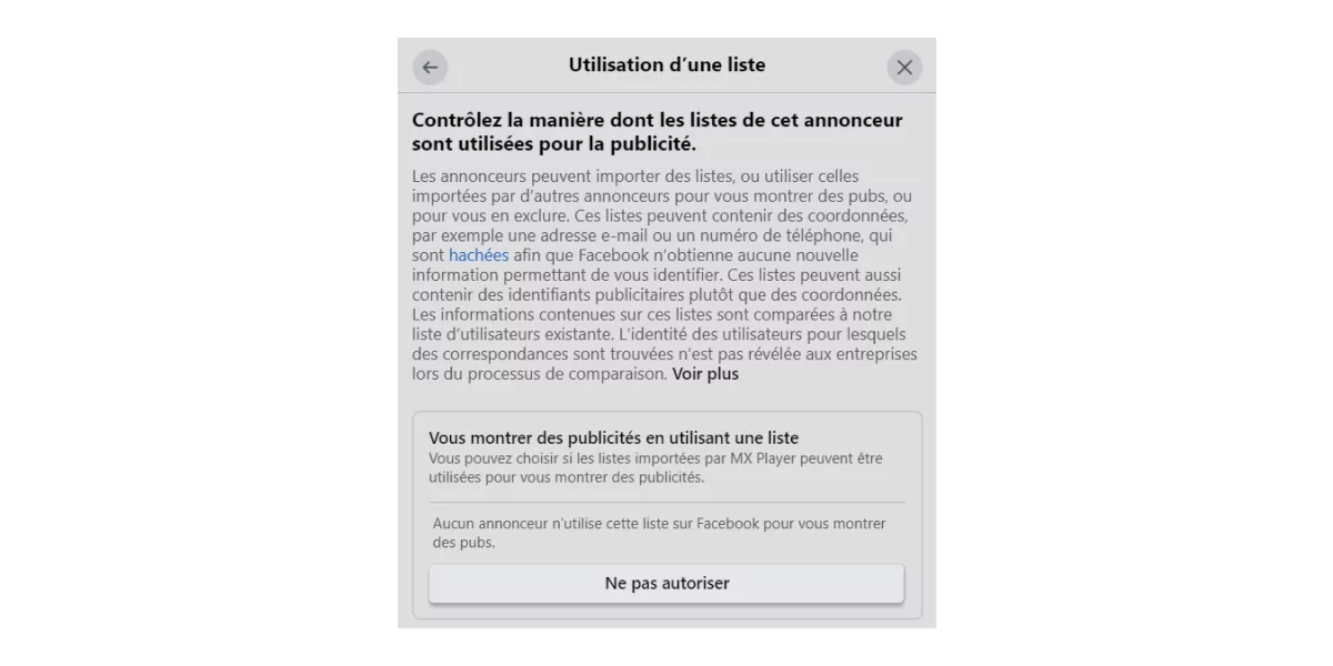 Sous l’option Vous montrer des publicités en utilisant une liste activez le bouton Ne pas autoriser et confirmez l’action